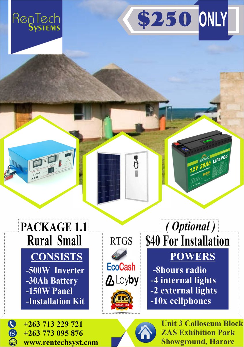 RentechSystems's tweet photo. SOLAR POWER is the last energy resource that isn't owned yet. 
Yes nobody taxes the sun yet - so why not harness that power of the sun by getting your house solar powered today with Rentech Systems Zimbabwe exquisite yet affordable Solar System Packages
#RenewableEnergy
#gogreen https://t.co/2c4ADi8PXW