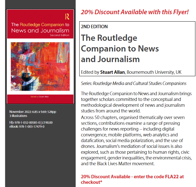 MJBroersma's tweet photo. Nice to see the new ed. of @Routledge_MandC Companion to News and Journalism in print, skillfully ed. by @StuartAllan123. Many insightful chapters by great colleagues. @JaneBSinger and I contributed "Teaching innovation and entrepreneurship. Journalism students as change agents?" https://t.co/W2AlYtcGI6