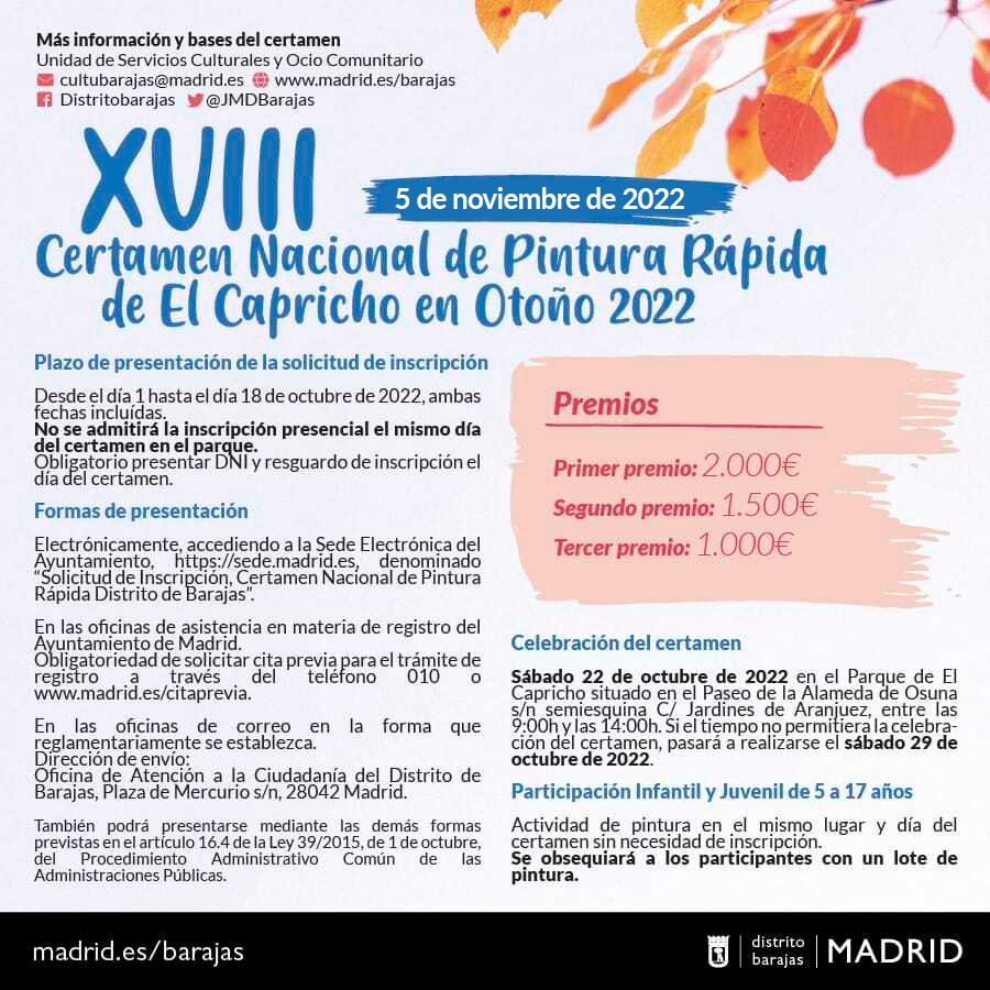 dveintiuno's tweet photo. La celebración del XVIII Certamen Nacional de Pintura Rápida “El Capricho en Otoño” se ha trasladado al próximo sábado, 5 de noviembre, tras su suspensión el pasado día 22, por condiciones climatológicas adversas. https://t.co/cF23C3vchF
