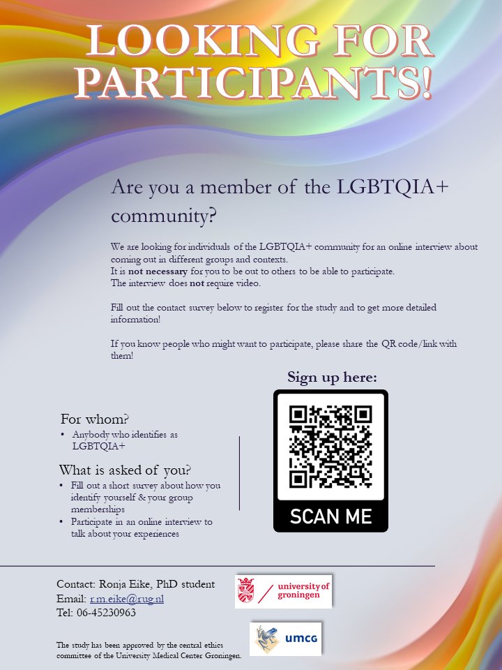 rm_eike's tweet photo. Are you a member of the LGBTQ+ community?

We are looking for individuals of the LGBTQ+ community for an online interview about coming out in different groups and contexts.

Click here for more information and signing up:
https://t.co/qmR1eOGjyF https://t.co/EHUp6z0U6g