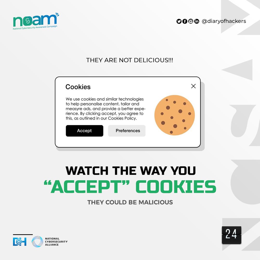 DoHAfrica's tweet photo. Day 24 of 31💪

Accepting cookies while visiting a website……🚩

Ignore the “accept” button and visit another cookie-free website…..🏳️

Nne, the cookies are not biscuits o, they are sometimes used to spy on you.

#NCSAM22
#DOHNCSAM22Story
#SeeYourselfInCyber
#Onlinesafety https://t.co/dzq8lZydRn