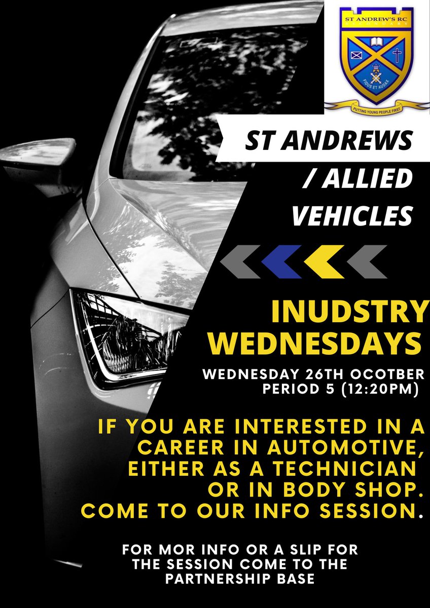 For any S4-S6 who are interested in a career in Automotive, please come to the partnership base and speak with myself about attending the info session.
Spaces are limited.

<a href="/StAndrewsRCSec/">St Andrew's Secondary School</a> 
<a href="/PartnershipBase/">St Andrews Partnership Base & DYW</a>
<a href="/AmandaFare/">FareAmanda</a>