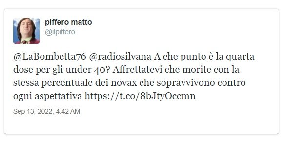 PifferoMatto's tweet photo. E' passato oltre un mese e sotto il tweet per il quale il mio vecchio account è stato sospeso.
Ho fatto appello riportando i report ISS per la fascia under 40, ma la risposta di Twitter è stata che non cambiano decisione.
#ntuculo a #Twitter https://t.co/6SJq7HG9v6