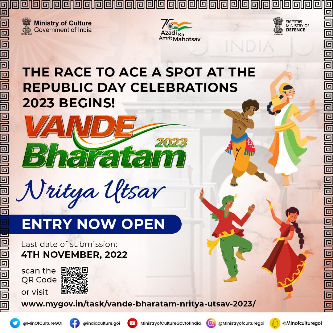 A unique chance awaits all the dancers of the country! #VandeBharatam - Nritya Utsav is back, giving dancers the chance to perform at the Republic Day celebrations in 2023. To learn more about the competition, click here: mygov.in/task/vande-bha… #AmritMahotsav