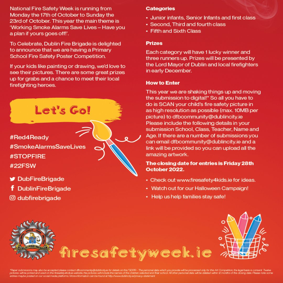 DubFireBrigade's tweet photo. As part of #22FSW we have a poster competition for primary school aged children.
Why not get your younger ones involved? Even better get their whole class involved!
CLOSING DATE IS THIS FRIDAY
For details https://t.co/y4OIBLGW5K…
#Red4ready https://t.co/H70fvQexx4