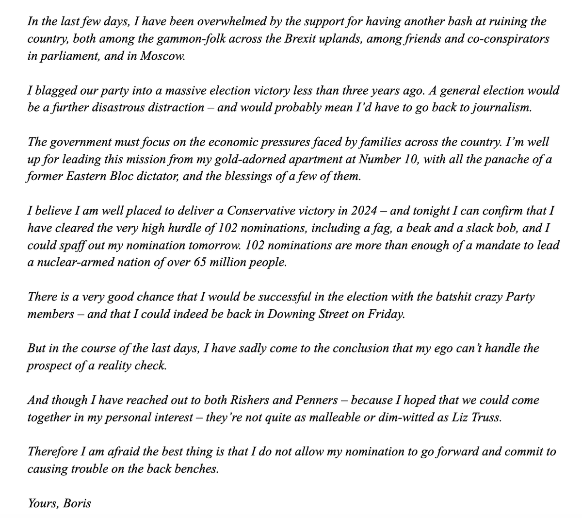 BrexitComedy's tweet photo. BORIS' WITHDRAWAL STATEMENT IN FULL: https://t.co/YRMfWNevFd
