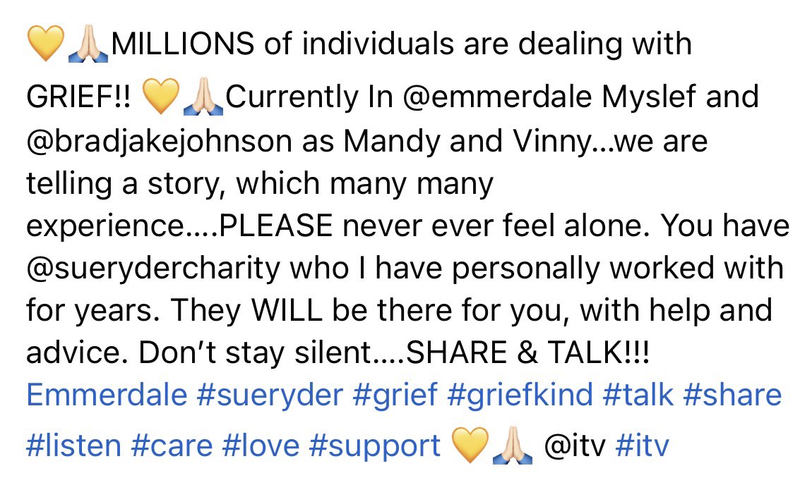 READ BELOW PLEASE🙏🏻 currently in <a href="/emmerdale/">Emmerdale</a> myself &amp; <a href="/Brad_J_J/">Bradley Johnson</a> our characters Mandy &amp; Vinny are dealing with #grief our message is 🙏🏻 PLEASE PLEASE PLEASE don’t feel alone. You have many ways to connect @ShopSueRyder #sueryder are there to HELP 🙏🏻 #share #support #kind #emmerdale