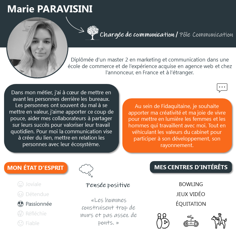 ✨ Bienvenue chez Fidaquitaine ✨
Il y a deux semaines, nous avons accueilli Marie Paravisini au sein des équipes du cabinet comme chargée de communication #digitale. 
Bienvenu dans l'équipe