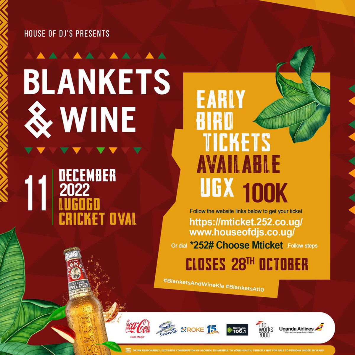 Early bird tickets offer closes on Friday, so you and your squad need to be quick and grab yours before that!🎫💪🏾 Click houseofdjs.co.ug to purchase or dial *252# choose Mticket and follow the steps 11.12.2022 | Lugogo Cricket Oval #BlanketsAndWineKla #BlanketsAt10