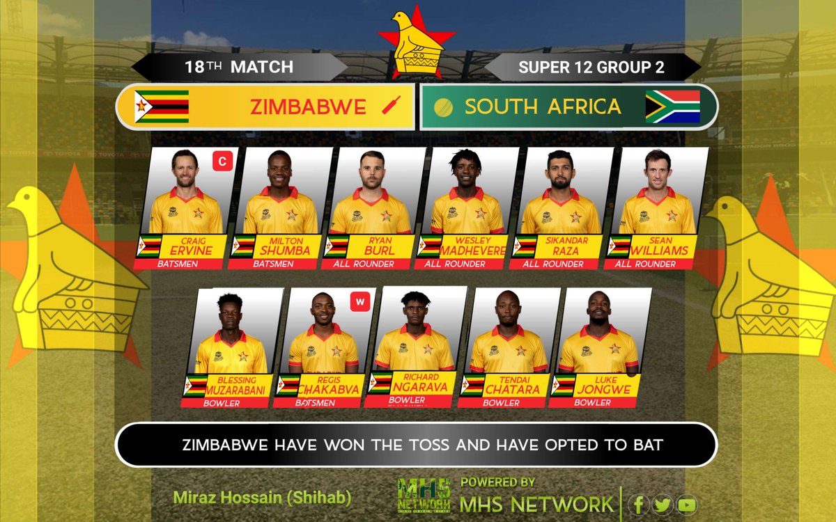 mhsNetworkBD's tweet photo. 🏏ICC Mens T20 World Cup 2022
18th Match, Super 12 Group 2
🇿🇦 South Africa Playing XI
🇿🇼 Zimbabwe Playing XI
#T20WorldCup | #T20WorldCup2022 | #ICC | #MHS_Today #MHS_NETWORK
#SAvZIM #ZIMvSA #ZIMvsSA #SAvsZIM https://t.co/T9Qa1bjdwj