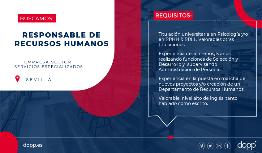 doppconsultores's tweet photo. Buscamos un/a Responsable de Recursos Humanos para una importante Empresa en pleno proceso de expansión con sede en Sevilla. 

👉🏽Si crees que la oferta se ajusta a tu perfil e intereses, puedes inscribirte a través del siguiente enlace:
https://t.co/H7fGPEQ0e3 https://t.co/F0DtLNq5mY