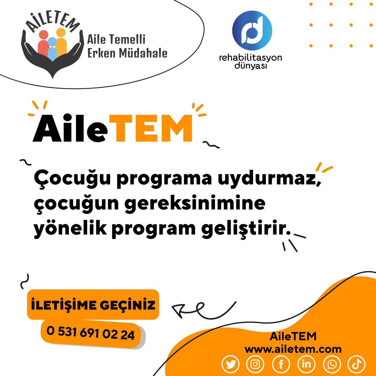 AileTEM “Her çocuk farklı, her çocuk özeldir” ilkesiyle eğitim hizmeti sunar.
#ailetem
#rehabilitasyondünyası #özeleğitim
#özeleğitimrehabilitasyon
#kurumsaldanışmanlık #otizm
#danışmanlık
#erkenmüdahale
#osb
#kesfetteyiz
#riskliçocuk
#psikoloji
#çocukgelişimi
#özeleğitimetkinlik