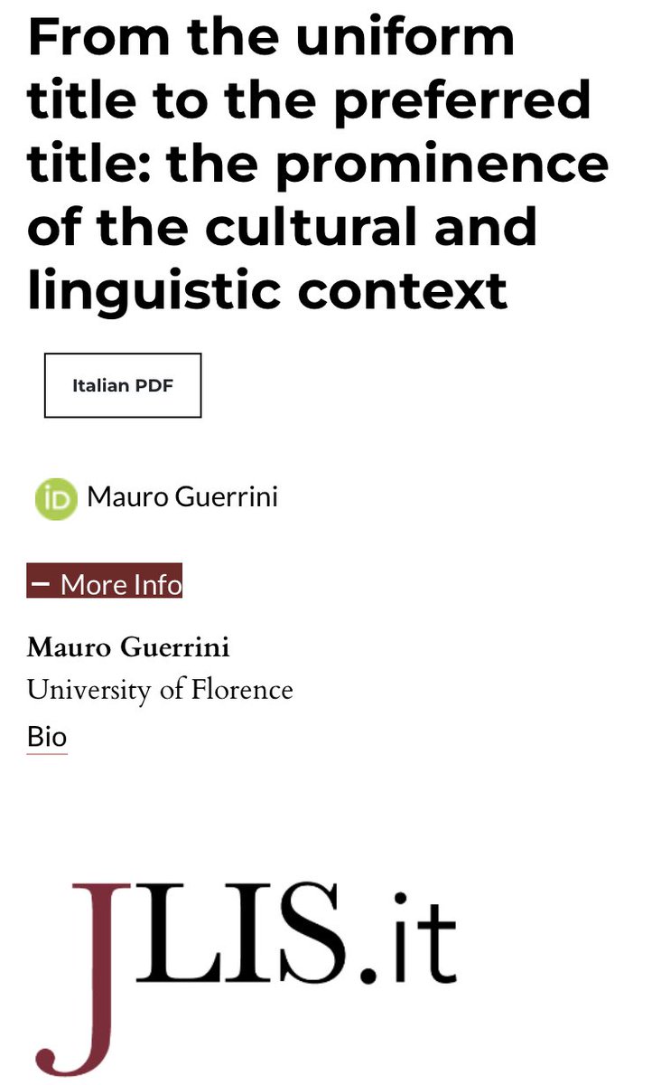 📍<a href="/mauroguerrini/">Mauro Guerrini</a> <a href="/UNI_FIRENZE/">Università di Firenze</a> ➰ From the uniform title to the preferred title: the prominence of the cultural and linguistic context 📂V.13, n.3 2022 JLIS.it jlis.it/index.php/jlis…