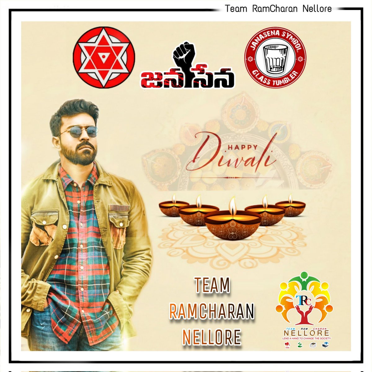 NelloreTeam's tweet photo. Wishing a very Happy Diwali to you all. 
May the divine light of Diwali shine with peace, prosperity and Good health in your life.
 🪔✨  Happy Diwali. ✨🪔
#RamCharan @AlwaysRamCharan
#TeamRamCharanNellore https://t.co/7kVWdDj5bF
