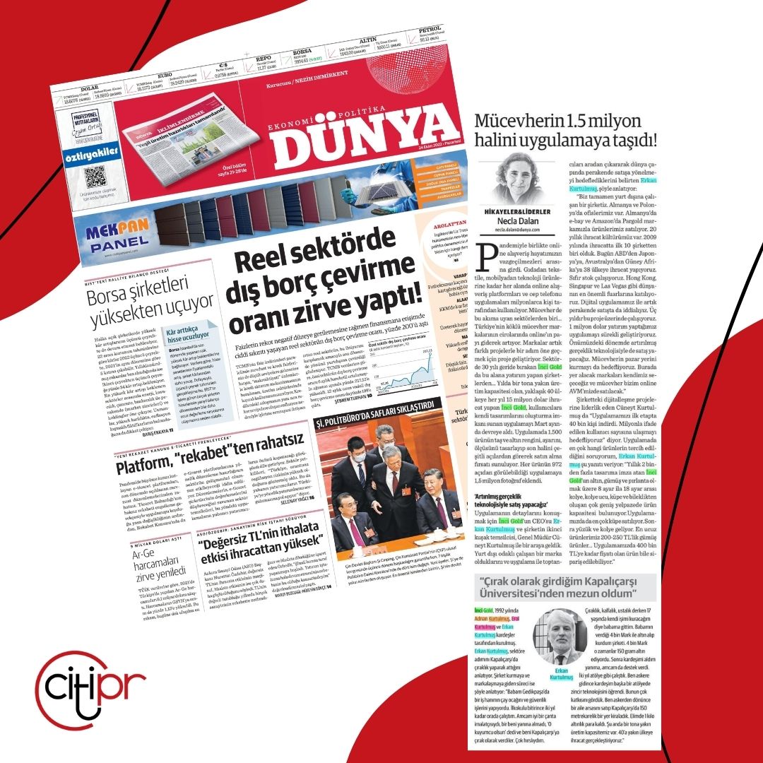 İnci Gold CEO'su Erkan Kurtulmuş'un Dünya Gazetesi yazarı Necla Dalan ile gerçekleşen özel haberi Hikayeler &amp; Liderler köşesinde yerini aldı. 

<a href="/necladalan/">Necla Dalan</a>
<a href="/dunyagazetesi/">dunyagazetesi</a>
İnci Gold <a href="/incigoldjewelry/">İnci Gold Jewelry</a>