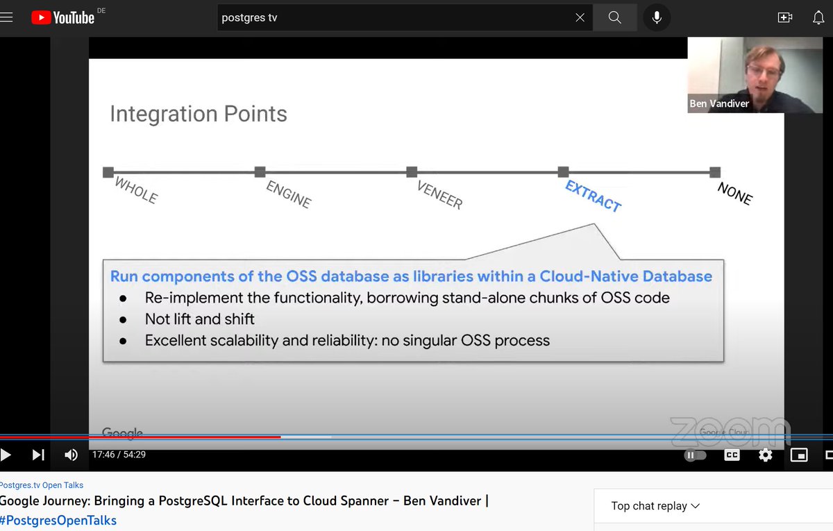 FranckPachot's tweet photo. Another great #postgrestv episode, with @benvandiver about postgres-compatibility in @Google Spanner
https://t.co/Jgk6HRxWGK
🤔@Yugabyte​DB is in the “VENEER” category (using PG for the query layer) where #spanner “EXTRACT”s limited code without the goal of lift&amp;shift from/to PG https://t.co/ljgWDxdD4Z