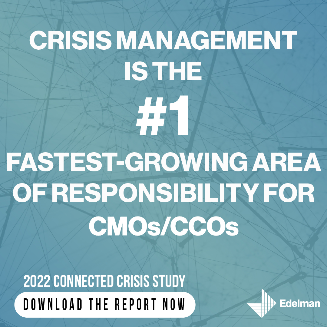 La gestione di crisi è oggi l'area di responsabilità in più rapida crescita per i #CMO e i #CCO. Scopri i dati dell'Edelman “Connected Crisis Study” 2022, gli approfondimenti e le indicazioni redatte dai nostri esperti: bit.ly/3D3TPn2 
#CrisisManagement  #Trust