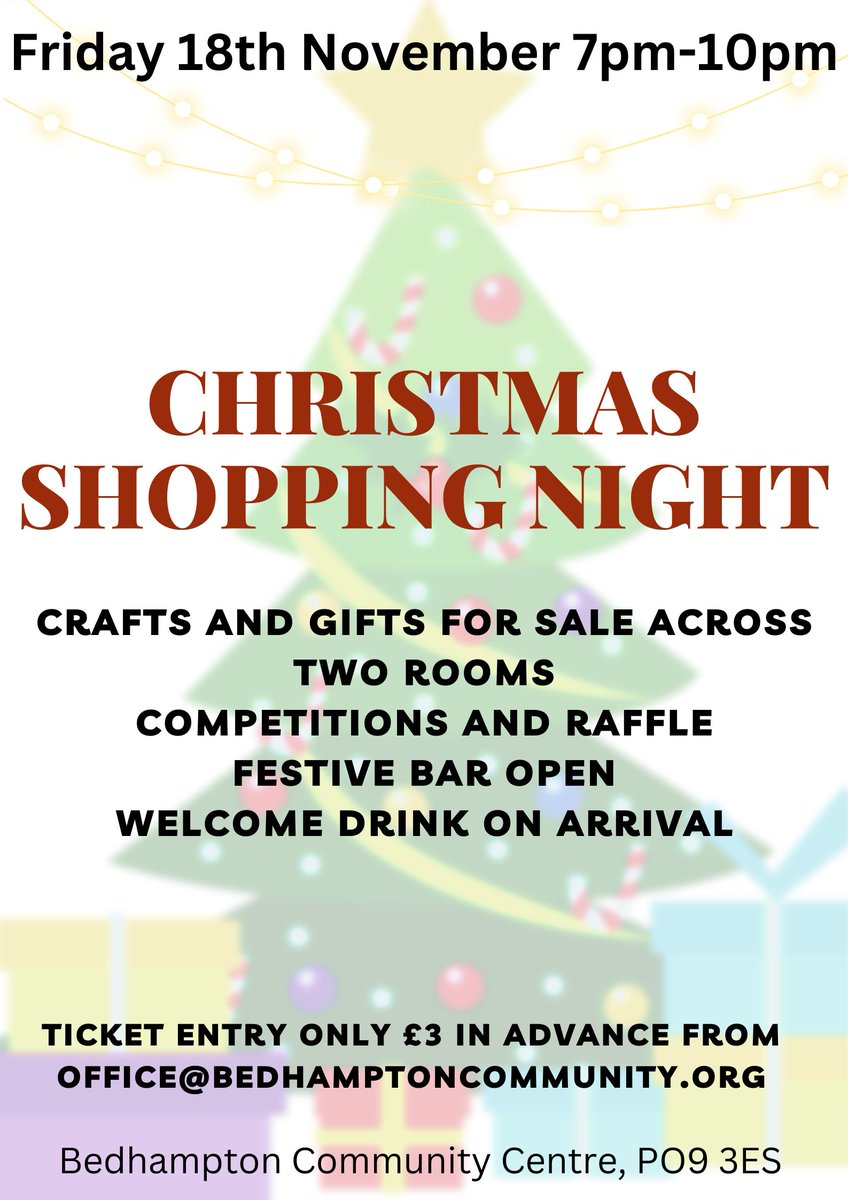 bedhamptoncc's tweet photo. Tickets are now on sale for our Christmas Shopping Evening! HOORAY! £3 (including welcome drink) for two rooms of shopping, all money raised goes back into the centre! #Bedhampton #Havant https://t.co/VP6keGLFjj