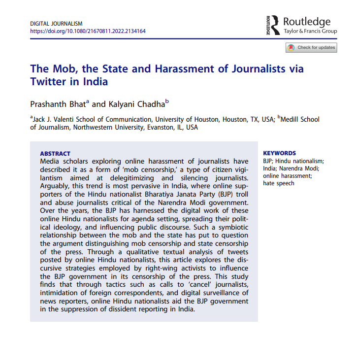 Digital Journalism (@djeditorialteam) on Twitter photo ONLINE FIRST! Calls to ‘cancel’ journalists, intimidation of foreign correspondents, digital surveillance of news reporters... @journoresearch and <a href="/KalyaniC/">Kalyani Chadha</a> explore online harassment tactics against journalists in India.
tandfonline.com/doi/full/10.10… ONLINE FIRST! Calls to ‘cancel’ journalists, intimidation of foreign correspondents, digital surveillance of news reporters... @journoresearch and <a href="/KalyaniC/">Kalyani Chadha</a> explore online harassment tactics against journalists in India.
tandfonline.com/doi/full/10.10…