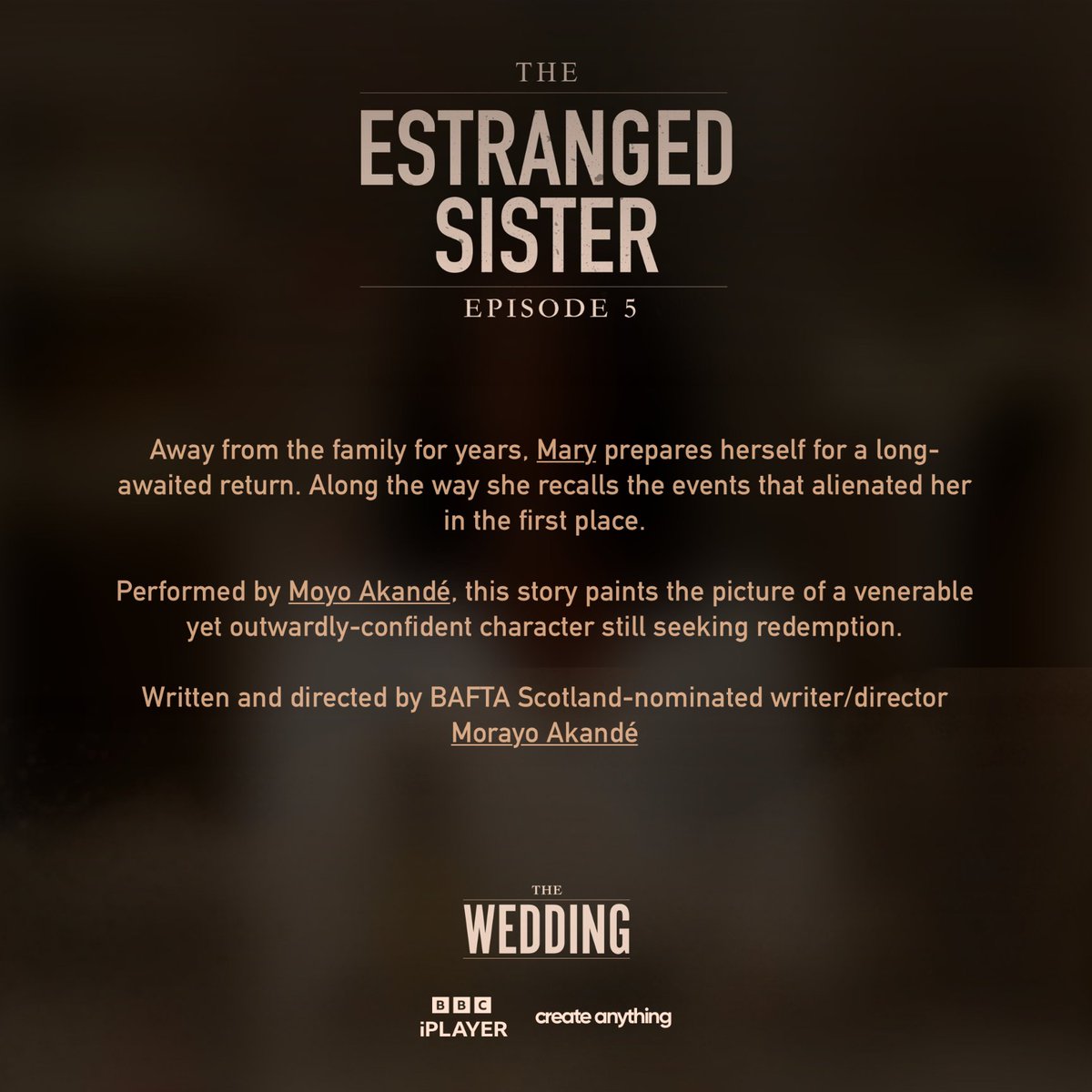 👰🏻‍♀️'The Wedding'🤵🏿‍♂️is OUT NOW!
Watch the amazingly talented <a href="/MoyoAkande/">Moyo Akandé</a> in Episode 5 - 'The Estranged Sister', which I wrote and directed! Also, check out all the other brilliant episodes on BBC iPlayer!

'The Estranged Sister' CLICK TO WATCH NOW: bbc.co.uk/iplayer/episod…