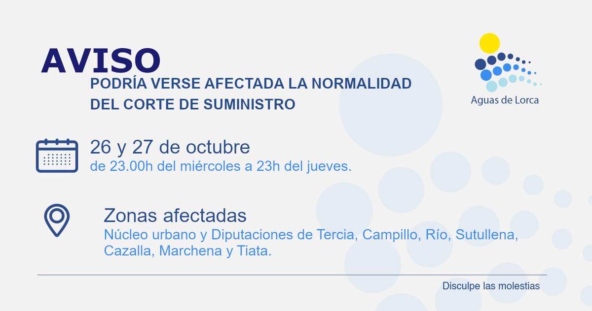 aguasdelorca's tweet photo. 📢AVISO❗ 

ℹ️ Con motivo de las obras de renovación de una conducción de abastecimiento en el cauce del río Guadalentín, se realizará una intervención de mantenimiento que podría afectar de forma puntual a la normalidad del suministro. 

https://t.co/fYgeia5GjE https://t.co/U0ZIiFDJTo