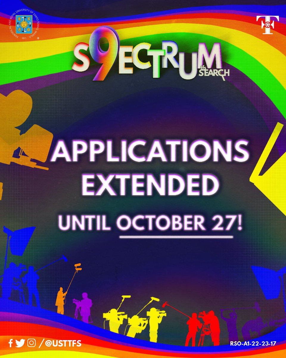 USTTFS's tweet photo. We hear you Thomasian Cineaste and aspiring filmmakers!
Applications are EXTENDED until October 27, 2022.
Don't miss this once in a lifetime cinematic opportunity and join our Filmily and together, let us #CaptureEveryHue with #S9ECTRUM! https://t.co/Em2PWXJvoD