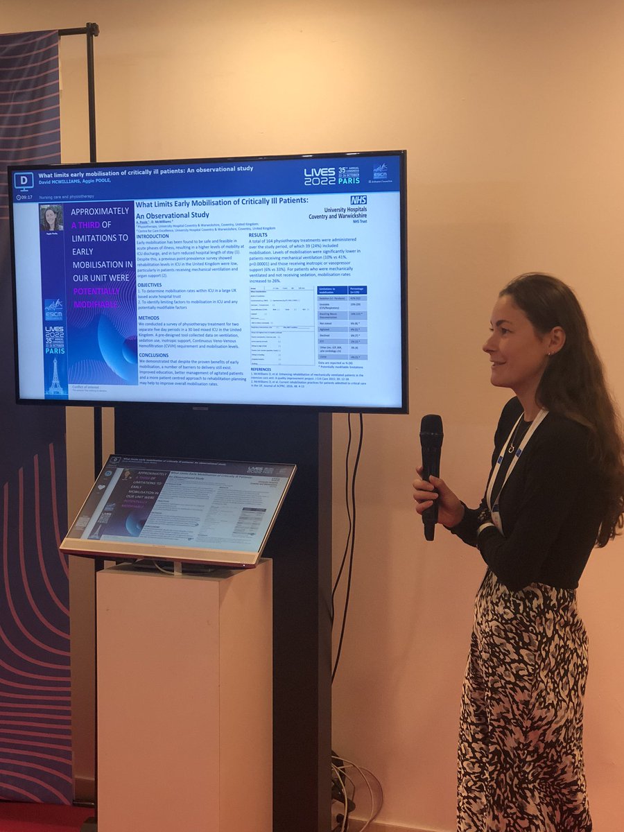 emaroids1's tweet image. Great UK representation at the first poster session of the day. Lots of data on early rehab, role of OT and MI-E #LIVES2022 #ESICM22
@Davido744 @Aggiepoole @Rober_Mtnez @cjblack_physio @Feasibility481 @hksanger @EveCorner