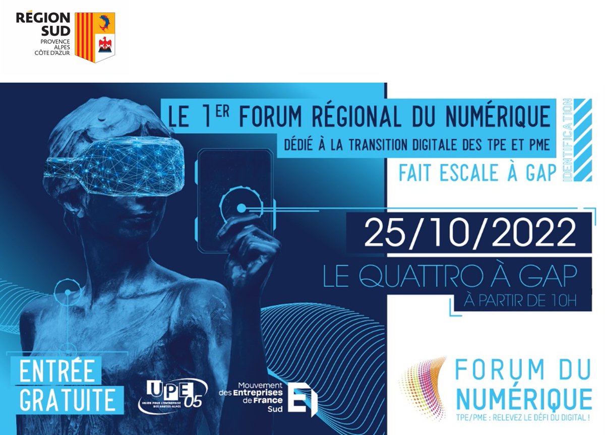 MEDEF_Sud's tweet photo. #FDNumSud J-1 !

🤝 @MaRegionSud #partenaire de la 4e édition du Forum du Numérique Sud demain à #Gap !

À retrouver ➡ 400 visiteurs, +40 exposants, 20 ateliers, +30 intervenants, espace zen, restauration champsaurine

Inscription visiteur 👉 https://t.co/cki5kNfq4C

#digital https://t.co/eBFvlnh4Ln