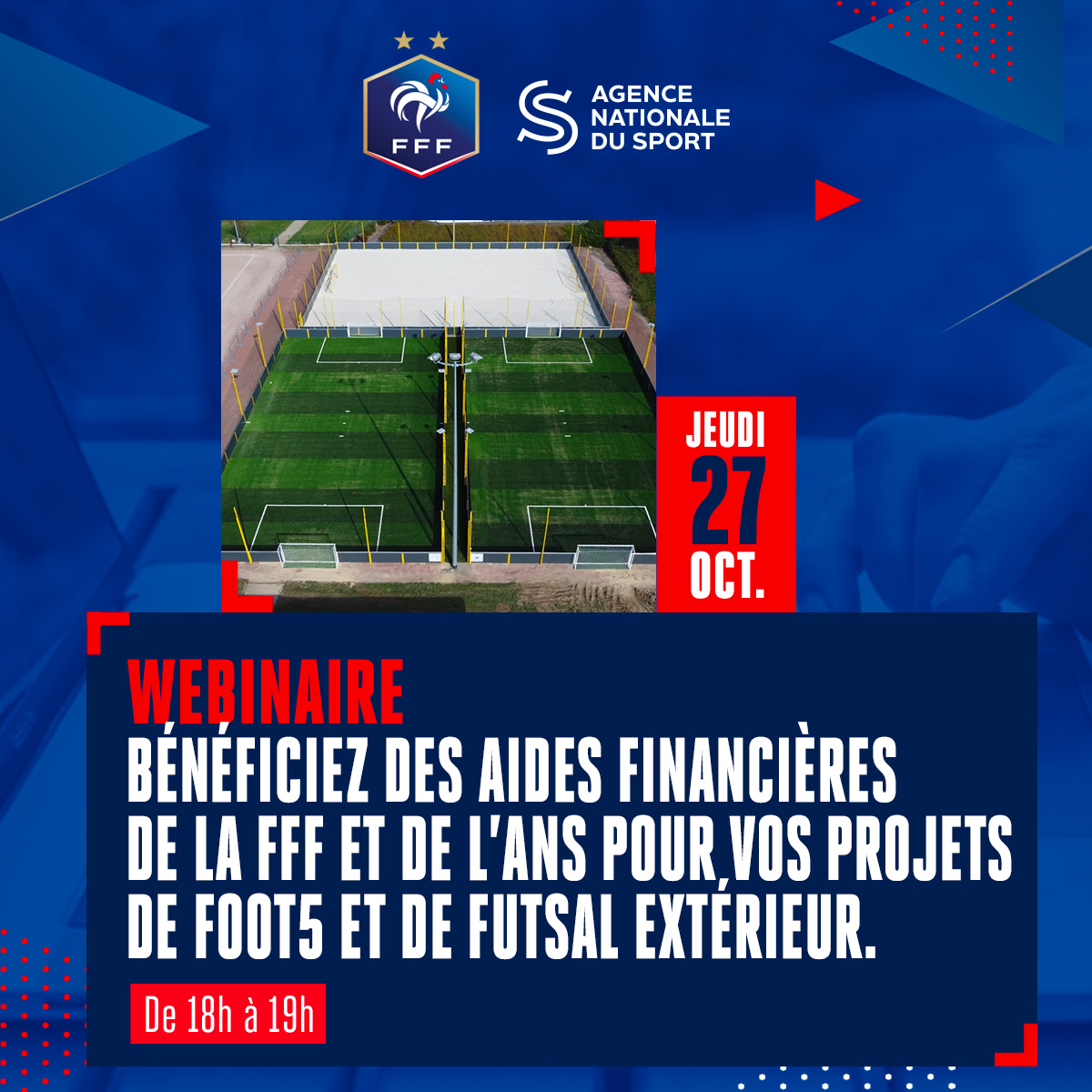 FFF's tweet photo. Vous souhaitez doter votre club d’un terrain de Foot 5 et/ou de Futsal extérieur ? 

Obtenez toutes les informations sur les aides financières proposées par la FFF et l’Agence Nationale du Sport, ce jeudi à 18h dans notre webinaire📆

Inscription ▶ https://t.co/dpqaek6Dup https://t.co/BhbGhahhNj