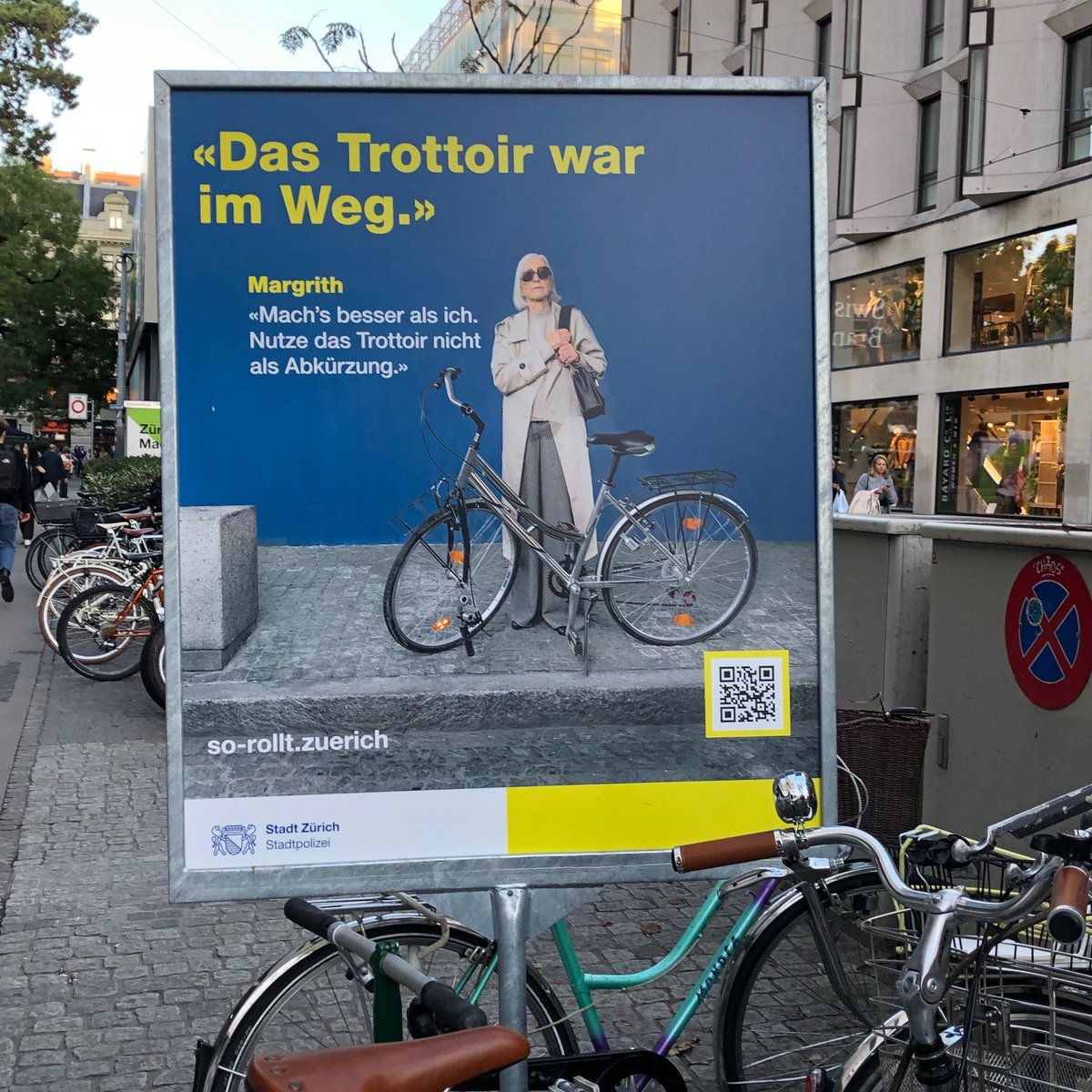 PatrickRerat's tweet photo. Zurich: I think I saw more victim-blaming posters ("Cyclists, pay attention to the wind, to signs, to trottoir edges, etc.") than real cycling infrastructures! https://t.co/1mF4heWmpO
