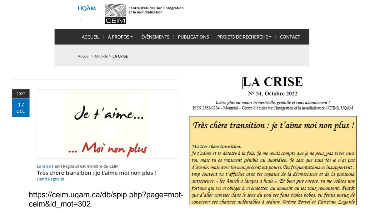 La Crise n°54 TRES CHERE TRANSITION <a href="/ceimuqam/">CEIM | UQAM</a> 
ceim.uqam.ca/db/spip.php?pa… 
➡️ Croissance, décroissance, a-croissance : Stuart Mill, St Simon &amp; #SandrineRousseau 
➡️Technologies décisives-nouvelle croissance #NGT #H2 
➡️L’innovation un combat sociétal, pas seulement technologique