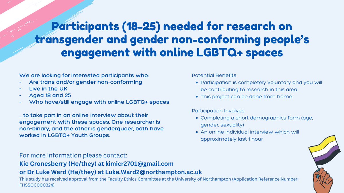 🏳️‍⚧️ Call for participants 🏳️‍⚧️ We’re looking for trans and/or gender non-conforming people aged 18-25, in the UK, who use online LGBTQ+ spaces. Interviews are individual and online. Please get in touch with either Kie or Luke for more info and share in relevant spaces.