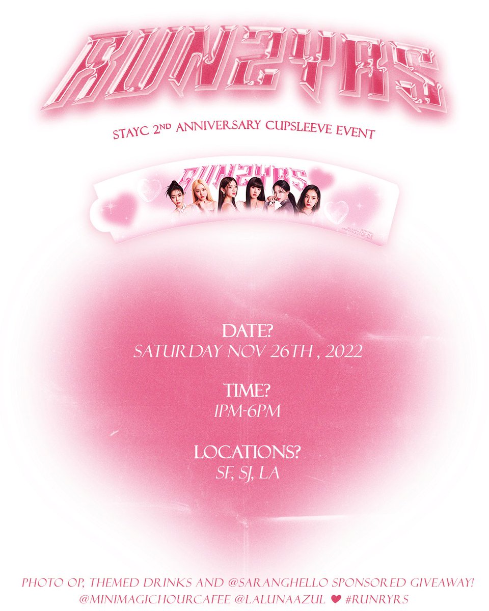 MiniMagicHour's tweet image. 💞 STAY C ANNIVERSARY 💞

It's okay if I get hurt, I'll run to you!

Join us in our first event celebrating Stay C turning 2 with our #run2yrs event on November 26th!

Vendor form:bit.ly/r2yrsvend

 #Stayc 
@STAYC_official 

#run2yrs