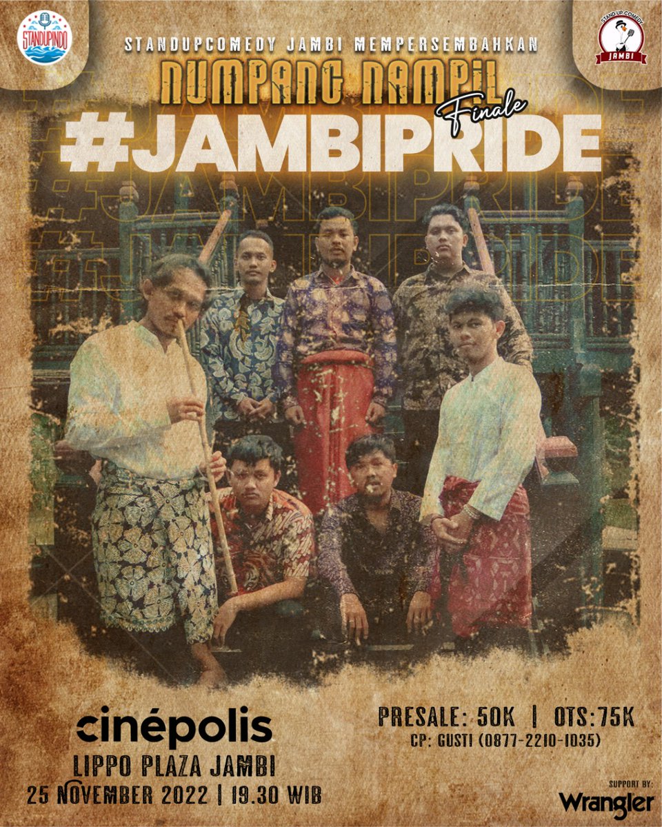 StandUpIndoJBI's tweet photo. Stand Up Comedy Jambi mempersembahkan Numpang Nampil Finale  "#JAMBIPRIDE" Stand Up Comedy Show dari komik unggulan Jambi, show pertama kami didalam bioskop rasakan sensasi kelucuan yang maksimal dan ac yang dingin maksimal. https://t.co/yO2hsJ1RhV