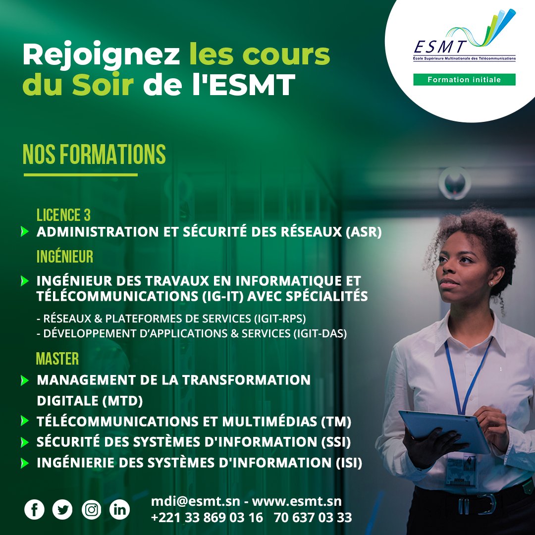 Prenez votre envol avec les cours du soir de l'ESMT.

Plus d'informations: bit.ly/3guSiiw

S'inscrire: bit.ly/3SjtabG

#esmt #coursdusoir #senegal #telecommunications #asr #master #digital #licence #dakar #ingenieur