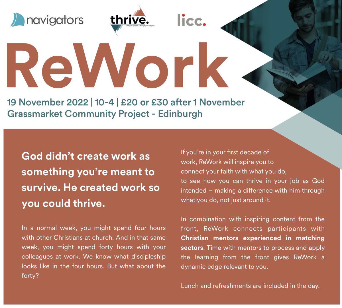 Thrive Scotland in partnership with <a href="/liccltd/">LICC</a> and <a href="/thenavigators/">The Navigators</a> are running a one day ‘ReWork’ event on Sat19th Nov in Edinburgh. Designed to help Christian young adults in their first decade of work think about God’s purpose for their work.Reg at licc.org.uk/events/rework/  #ReWork