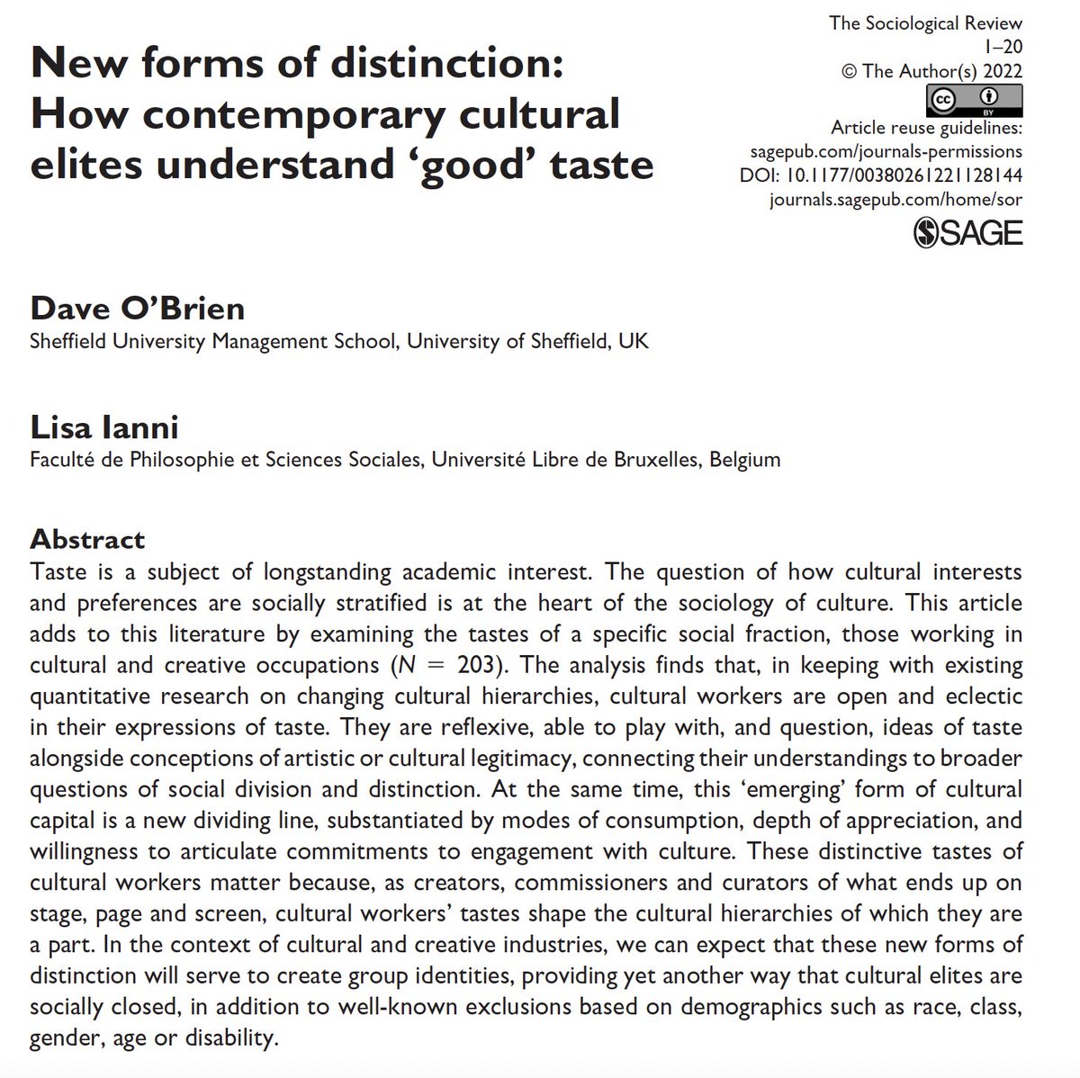 🚨🚨🚨🚨🚨 New paper in @TheSocReview "New forms of distinction: How contemporary cultural elites understand ‘good’ taste" by Lisa Ianni &amp; me journals.sagepub.com/doi/10.1177/00…