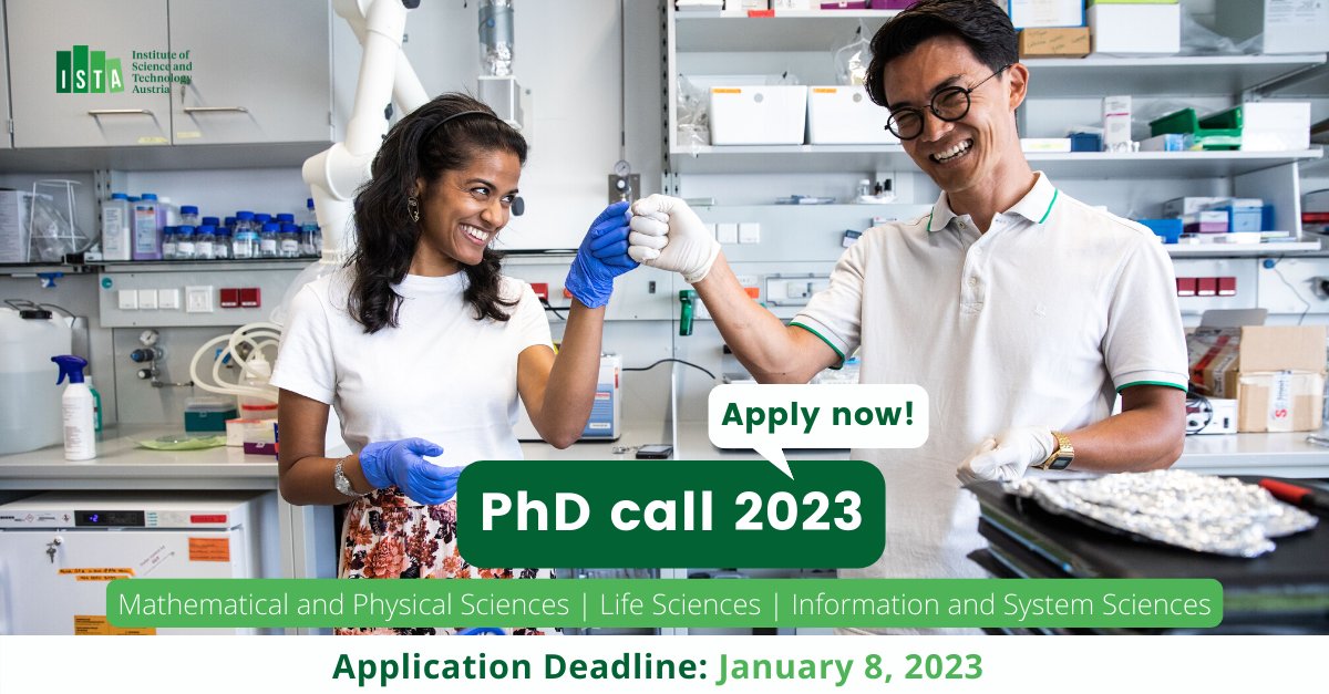 PhD call 2023 starting today: @istaustria is looking for students with Bachelor´s or Master´s degrees from a wide range of academic backgrounds! Become a fully funded student in an international environment, using top facilities and equipment. Apply now 👉 bit.ly/3n86L20