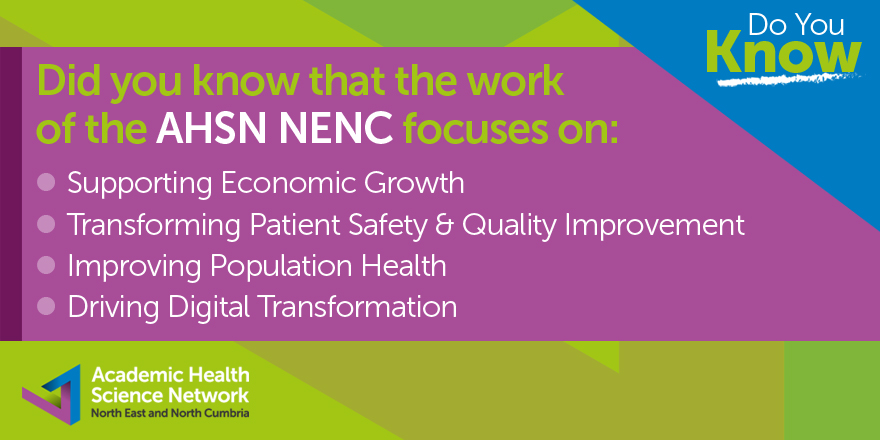 Did you know that the work of the AHSN NENC focuses on: 🔵 Supporting Economic Growth 🟢 Transforming Patient Safety & Quality Improvement 🟣 Improving Population Health 🟠 Driving Digital Transformation Find out more ▶️ ahsn-nenc.org.uk/what-we-do/