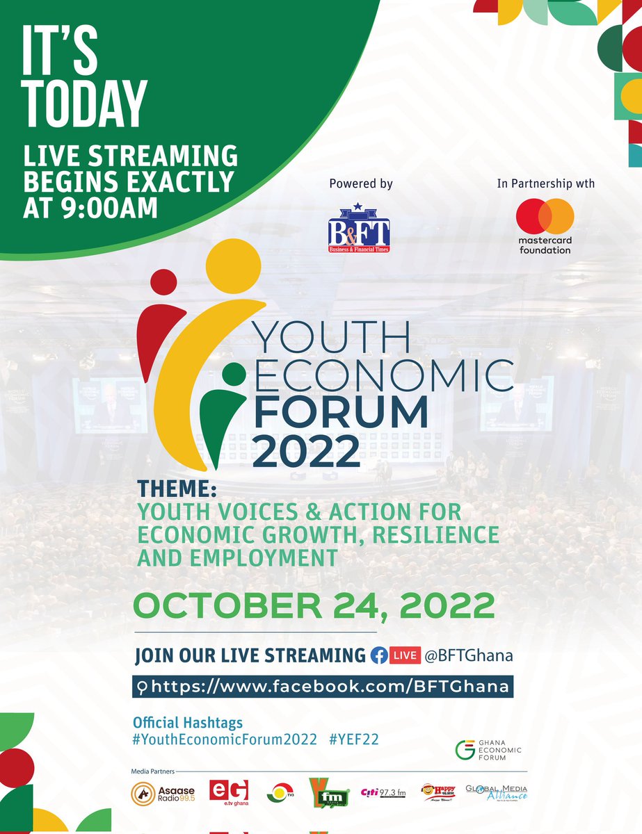 bftghana's tweet photo. Youth Economic Forum 2022 is today and live streaming is starting at exactly 9am join in via #bftonline on our FaceBook page @BFTGhana #YouthEconomicForum2022 #YEF22 https://t.co/8e7FiW1XC0
