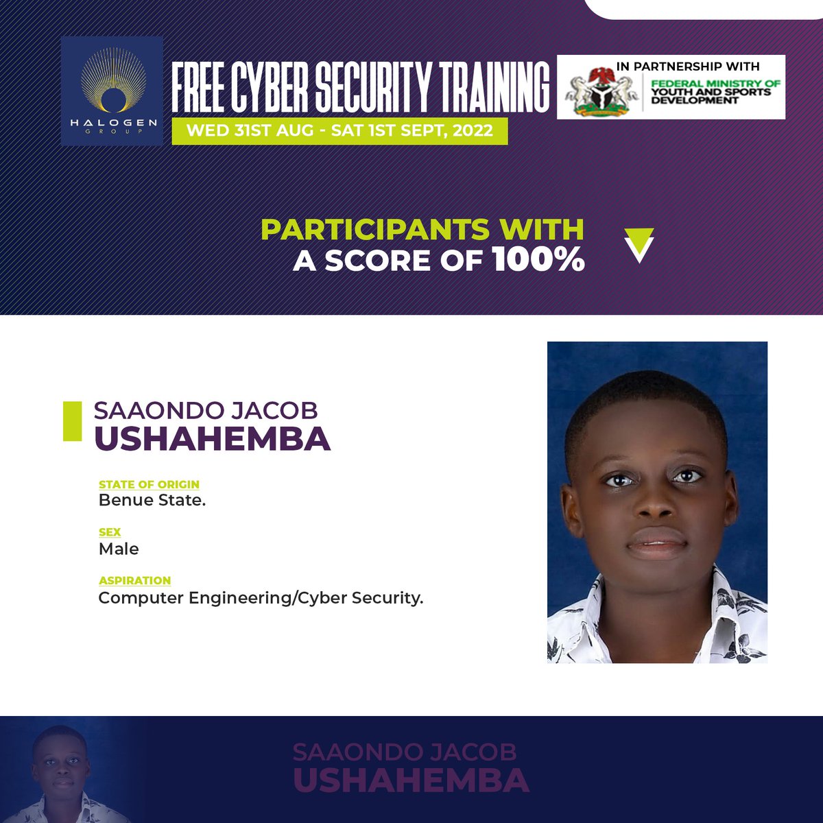 Free Cyber Security Training.

Meet Saaondo Jacob Ushahemba, one of the participants with a score of 100%.

👏👏👏👏 

#halogencybertraining  #cyberfmyshalogen