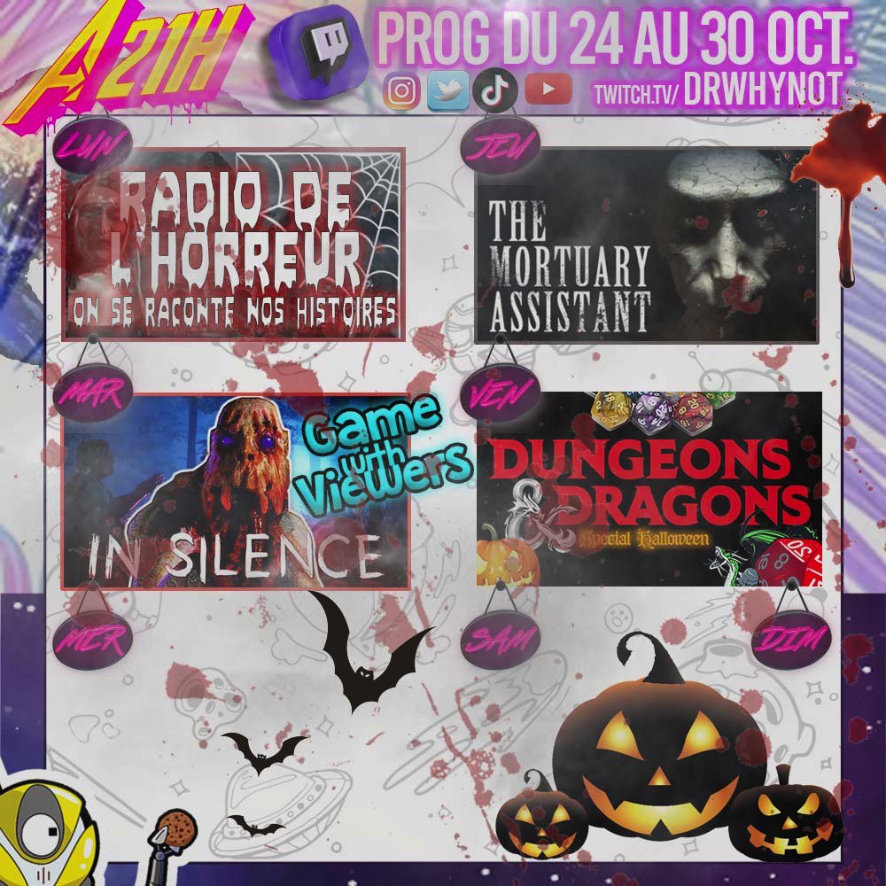 Dr_Why_Not's tweet photo. Un planning full horreur cette semaine pour #halloween 

Lundi venez nous raconter vos pires histoires d’horreur sur Discord
Mardi en #gamewithviewers sur #insilence 
Jeudi avec @lav0isine sur #themortuaryassistant 
Vendredi soirée #jdr #dugeonsanddragons

#twitch #stream #live https://t.co/ynuIrFBfHq