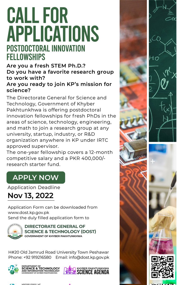 dostkpgovt's tweet photo. POSTDOCTORAL INNOVATION FELLOWSHIPS

Are you ready to join KP's mission for science?

For more details 
https://t.co/4KCTVps93o

Application Deadline: Nov 13, 2022

#Science4KP #KPScienceAgenda https://t.co/xVqe7bxUre