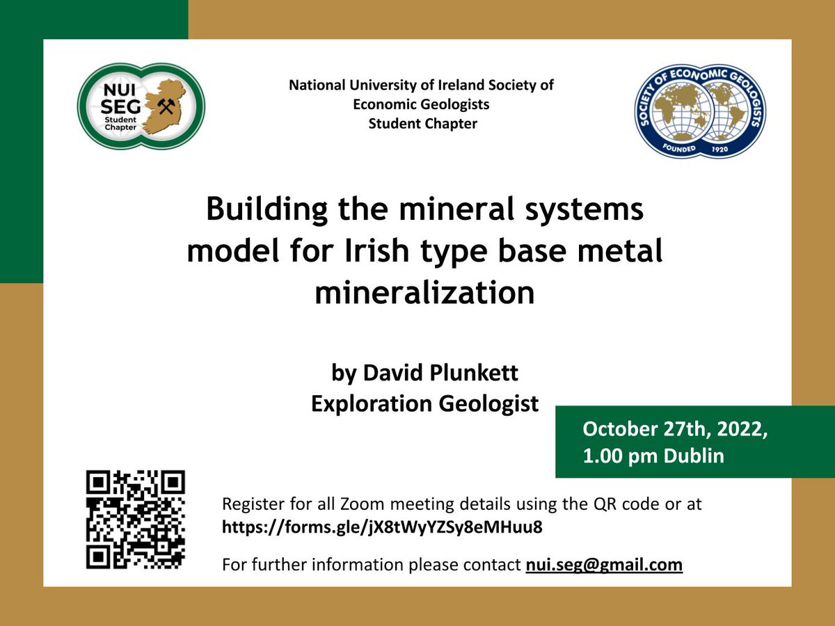 We are starting our lunchtime talks this Thursday, 27th October at 1pm Dublin time.

Looking forward to seeing you :)
#Irishtypemineralisation
#basemetals
#exploration 

<a href="/SocietyEconGeol/">Society of Economic Geologists</a> <a href="/iCRAGcentre/">iCRAG Centre</a> <a href="/UCD_Earth_Sci/">UCD Earth Sciences</a> <a href="/IGI_PGeo/">IGI</a> <a href="/iaeg_ie/">IAEG</a>