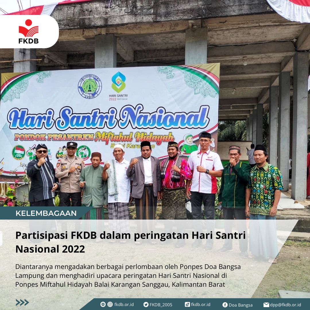 FKDB_2005's tweet photo. FKDB berpartisipasi dalam peringatan Hari Santri Nasional 2022 pada hari Minggu, 23 Oktober 2022, diantaranya:
1. Pondok Pesantren Doa Bangsa Lampung mengadakan berbagai perlombaan seperti Muslim Fashion, Kaligrafi, Adzan, dan menyanyi lagu religi https://t.co/CeOMLKJLRE