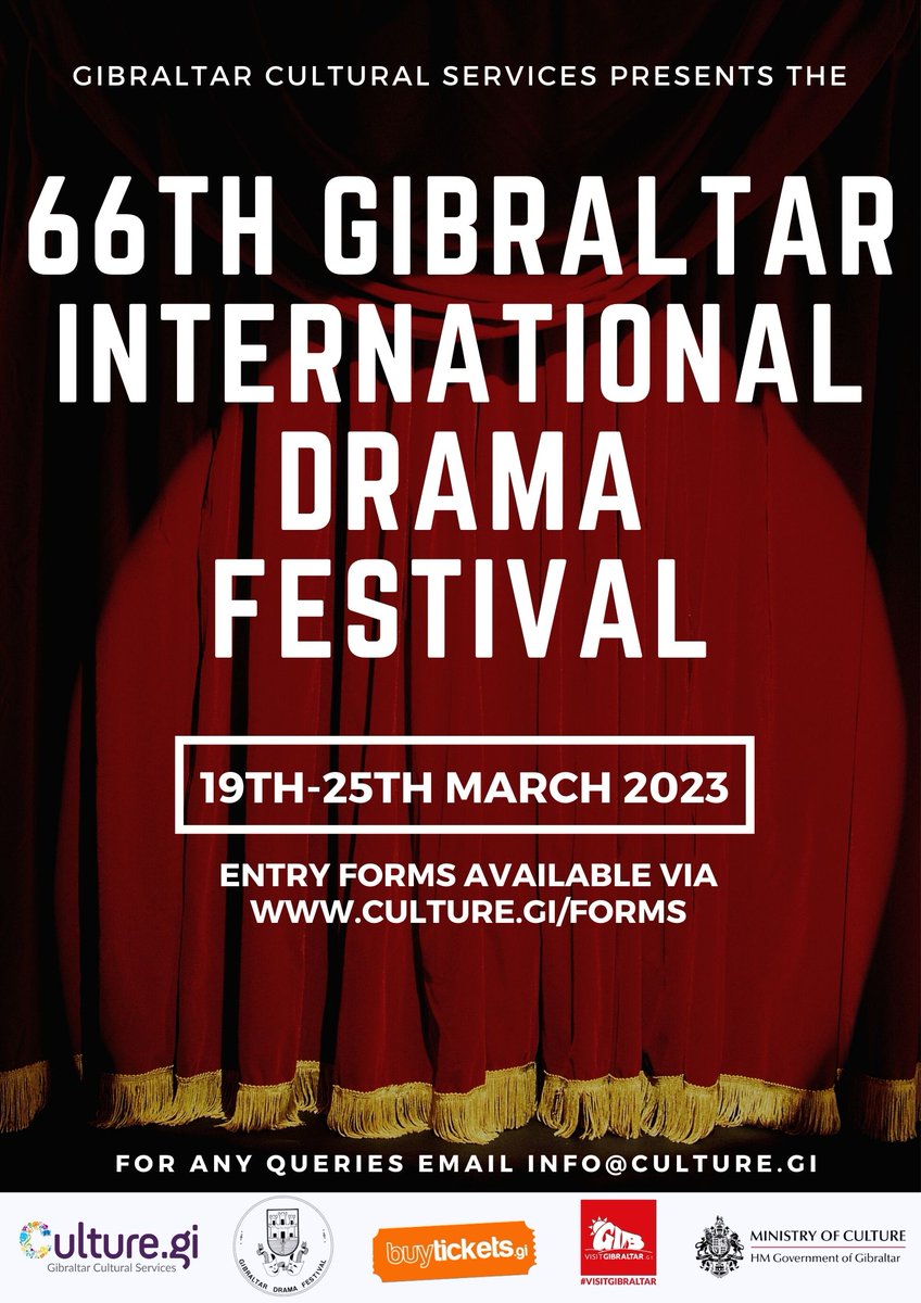 GCS, on behalf of the Ministry of Culture, is pleased to announce that the Gibraltar International Drama Festival will take place from Sunday 19th to Saturday 25th March 2023. The Entry Form and Rules are available via culture.gi/forms/
