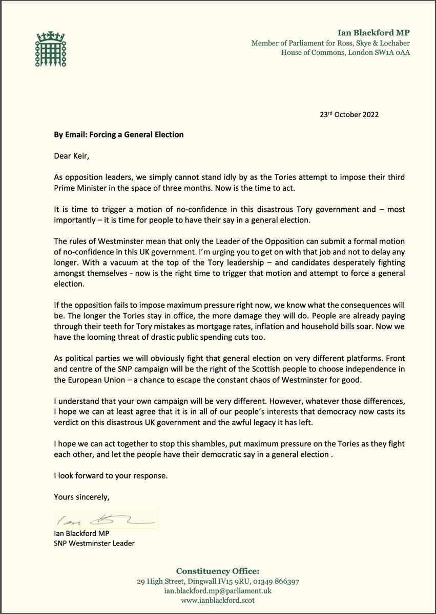 The Tories cannot be allowed to impose a third Prime Minister without an election. I've written to Keir Starmer making clear @theSNP will back a vote of no confidence in the Tory government if he tables it this week. We must put maximum pressure on Tory MPs to give voters a say.