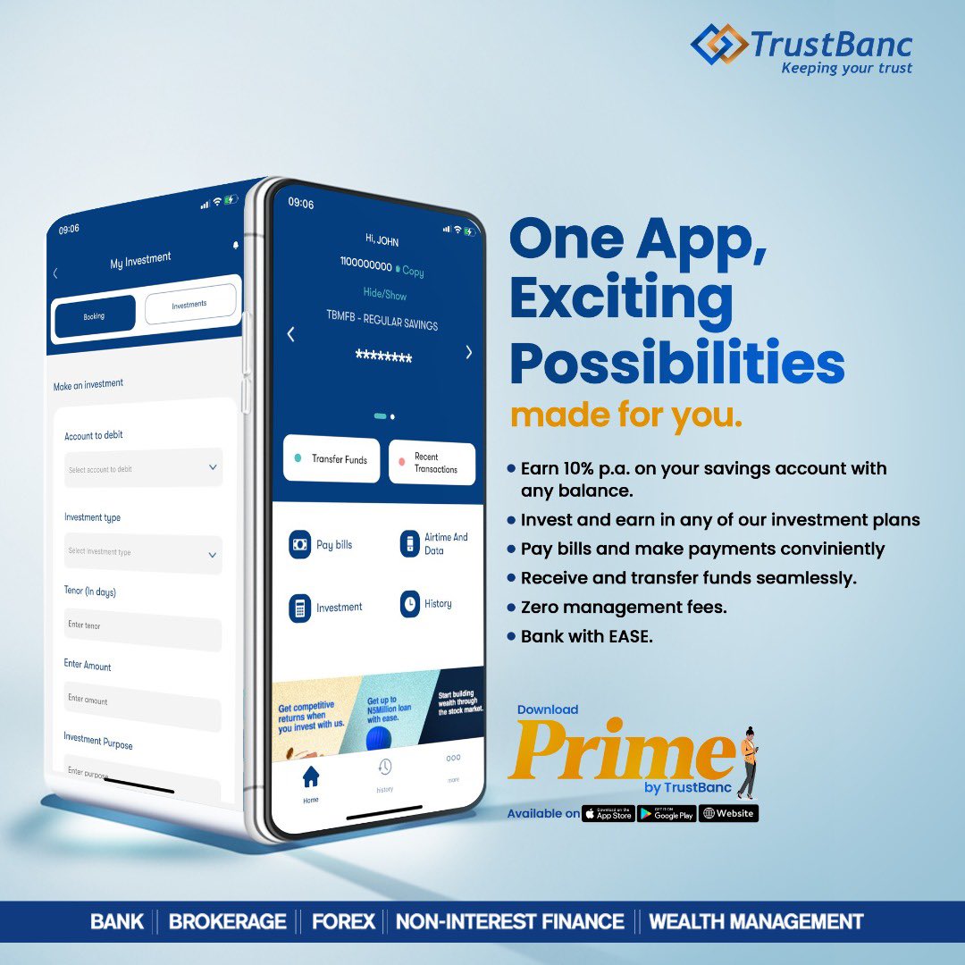 TrustBancPrime's tweet photo. Now you can open accounts, save, invest, pay bills, and do lots more in less than 5 mins.

Download Prime by TrustBanc now
App Store: https://t.co/NL8aihoCh9
Playstore: https://t.co/Vu1lylfOZq
Visit the web platform: https://t.co/Mf36Q5doJi

 #PrimebyTrustBanc #MobileApp #Savings https://t.co/p2yr8LWNvm