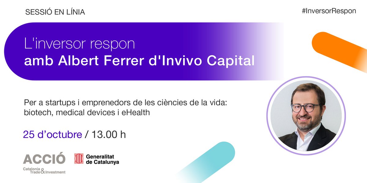 ❗[DEMÀ!] Tens una #startup del sector de les ciències de la vida?

Descobreix els criteris d'inversió en projectes en fases inicials de @InvivoCapital de la mà d'un dels seus partners, Albert Ferrer. T'hi esperem!

📆25/10
⏲13:00h

➕
agenda.accio.gencat.cat/cercador/-/act…

#finACCIÓ