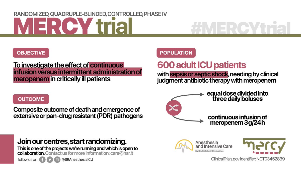 SRAnesthesiaICU's tweet photo. 🎯 We’ve completed the #MERCYtrial!

🔀 In 29 Hospitals worldwide we’ve randomized 600 patients with sepsis or septic shock to receive standard bolus vs continuous infusion of #Meropenem

🔗 Learn more https://t.co/hI9n5wX3hP
 
#FOAMcc https://t.co/jiEh0fnIiX